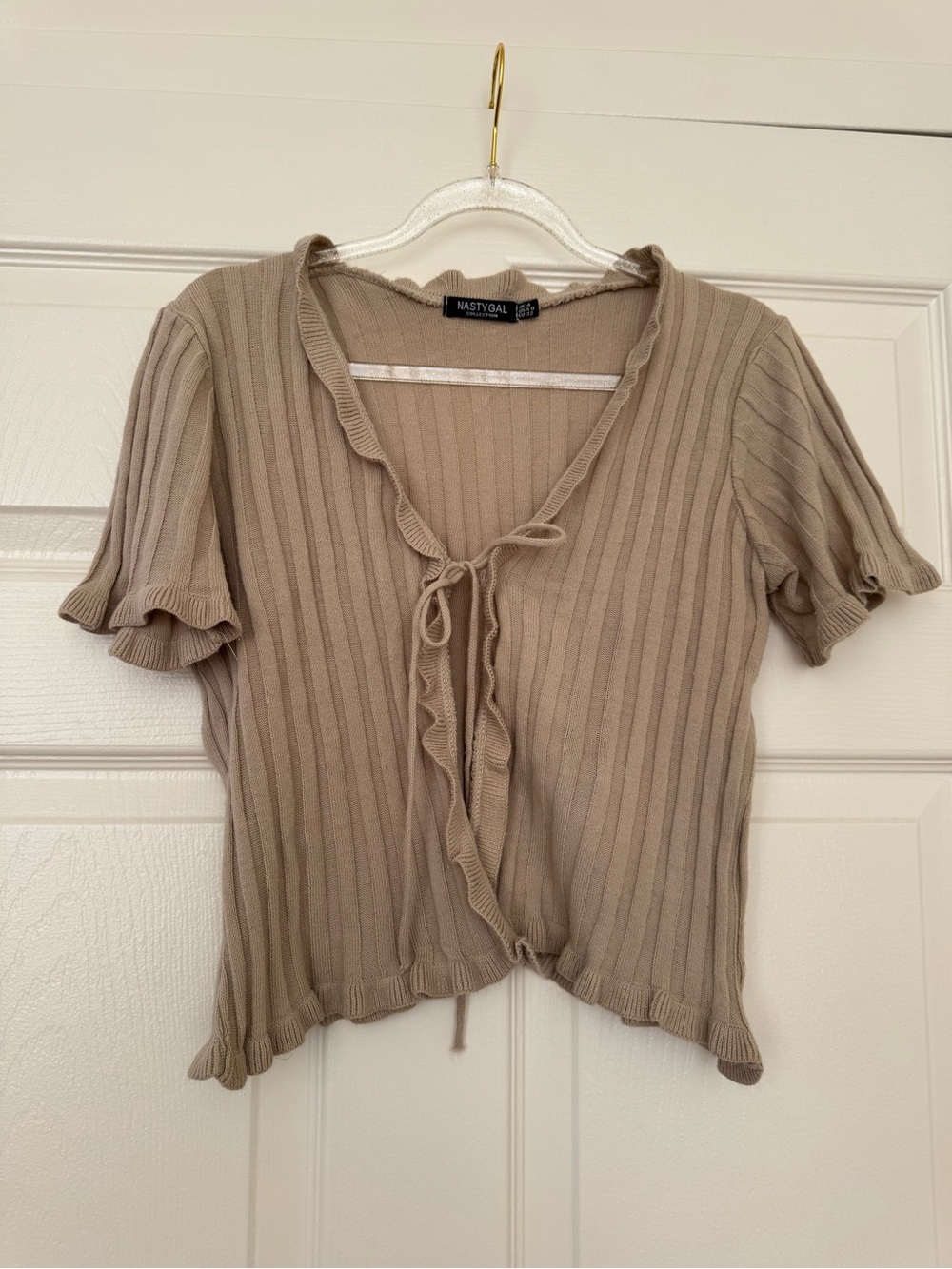 Nasty Gal Taupe Ruffled Ribbed Tie-Front Knit Cardi Top